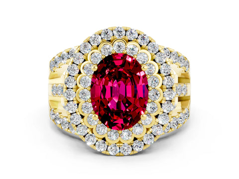 Yellow gold Double Halo Oval Cut Diamond Split Shank Pave Set Ring