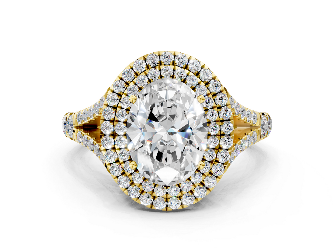Yellow gold Double Halo Oval Cut Diamond Split Shank Ring with Four Prong Setting_34