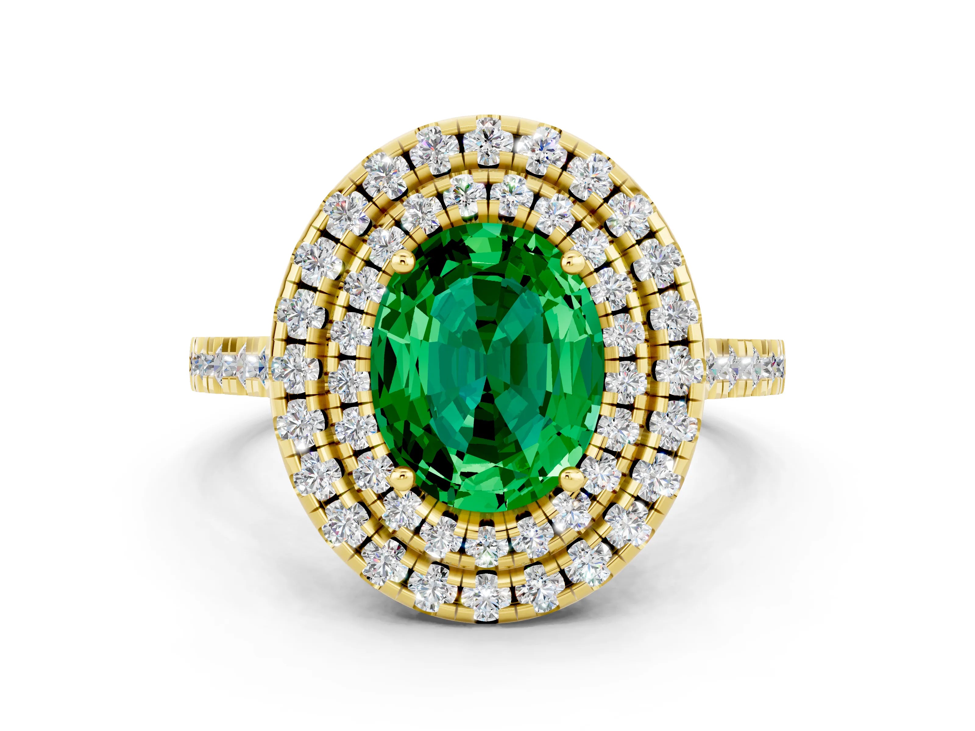 Yellow gold Double Halo Oval Cut Emerald Pavé Band with Four-Prong Setting