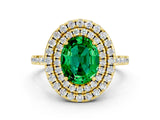 Yellow gold Double Halo Oval Cut Emerald Pavé Band with Four-Prong Setting