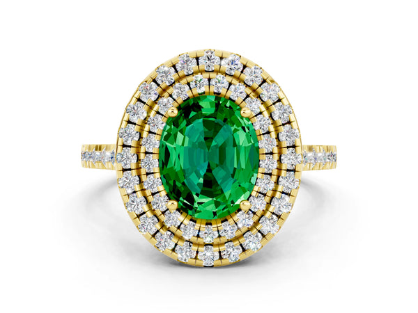 Yellow gold Double Halo Oval Cut Emerald Pavé Band with Four-Prong Setting