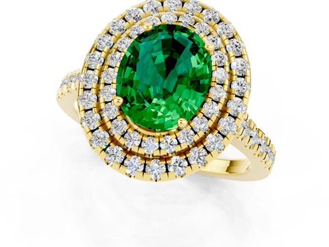 Yellow gold Double Halo Oval Cut Emerald Pavé Band with Four-Prong Setting_1