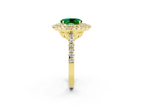 Yellow gold Double Halo Oval Cut Emerald Pavé Band with Four-Prong Setting