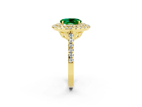 Yellow gold Double Halo Oval Cut Emerald Pavé Band with Four-Prong Setting_2