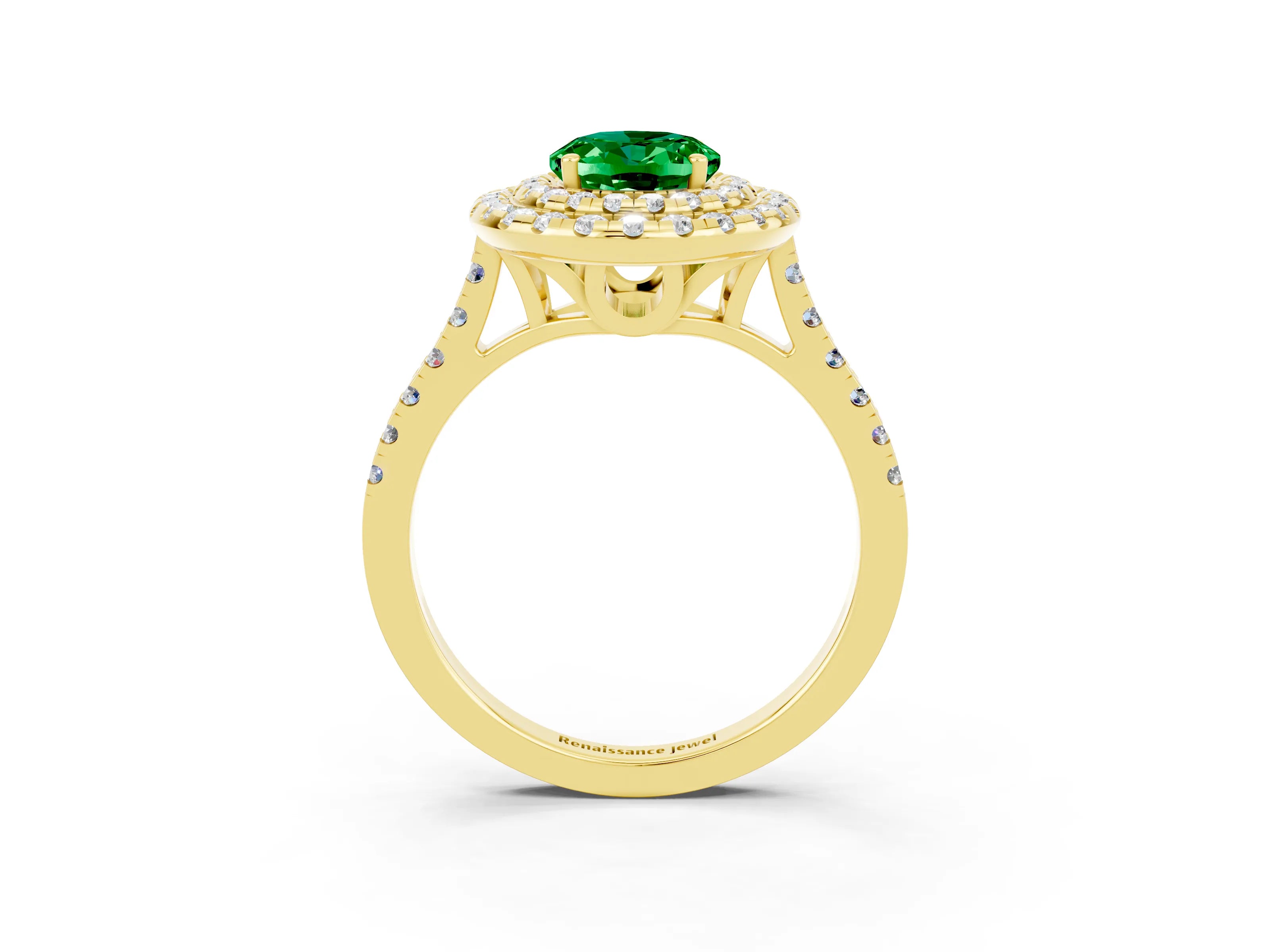 Yellow gold Double Halo Oval Cut Emerald Pavé Band with Four-Prong Setting_3