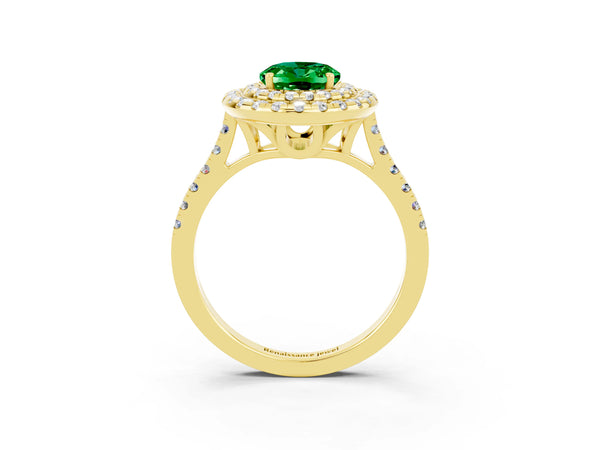 Yellow gold Double Halo Oval Cut Emerald Pavé Band with Four-Prong Setting
