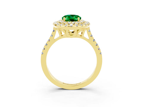 Yellow gold Double Halo Oval Cut Emerald Pavé Band with Four-Prong Setting_3