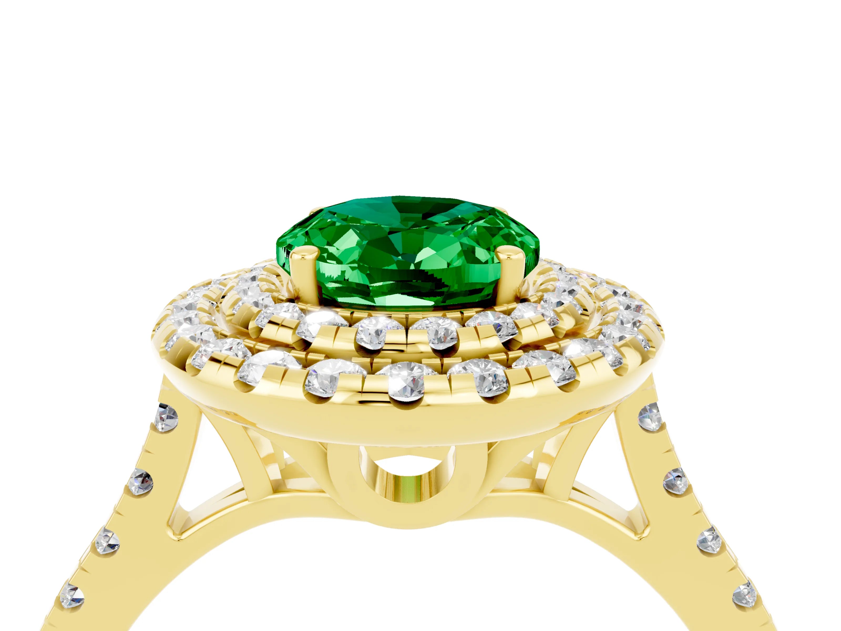 Yellow gold Double Halo Oval Cut Emerald Pavé Band with Four-Prong Setting_4