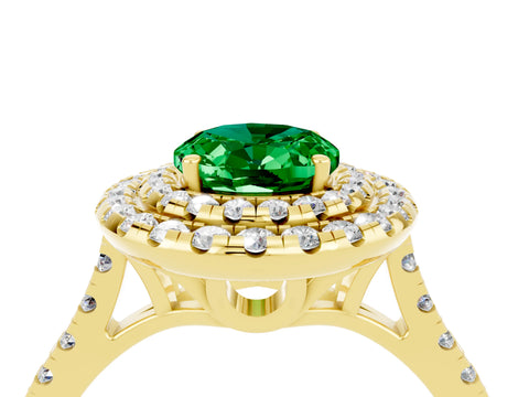 Yellow gold Double Halo Oval Cut Emerald Pavé Band with Four-Prong Setting_4