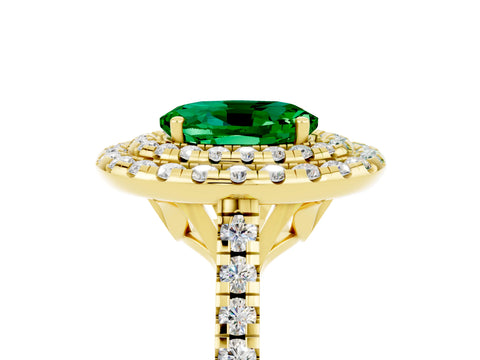 Yellow gold Double Halo Oval Cut Emerald Pavé Band with Four-Prong Setting_5