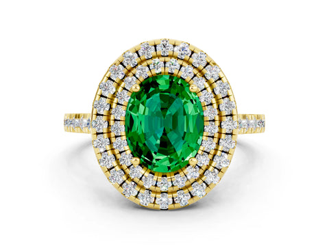 Yellow gold Double Halo Oval Cut Emerald Pavé Band with Four-Prong Setting