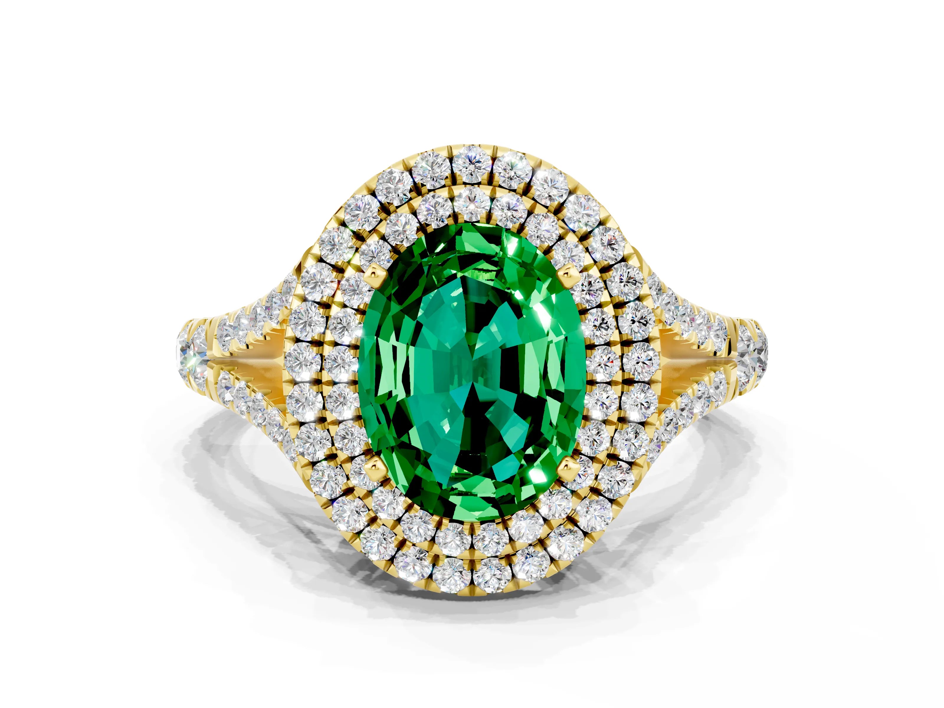 Yellow gold Double Halo Oval Cut Emerald Pavé Split Shank Ring with Prong Setting