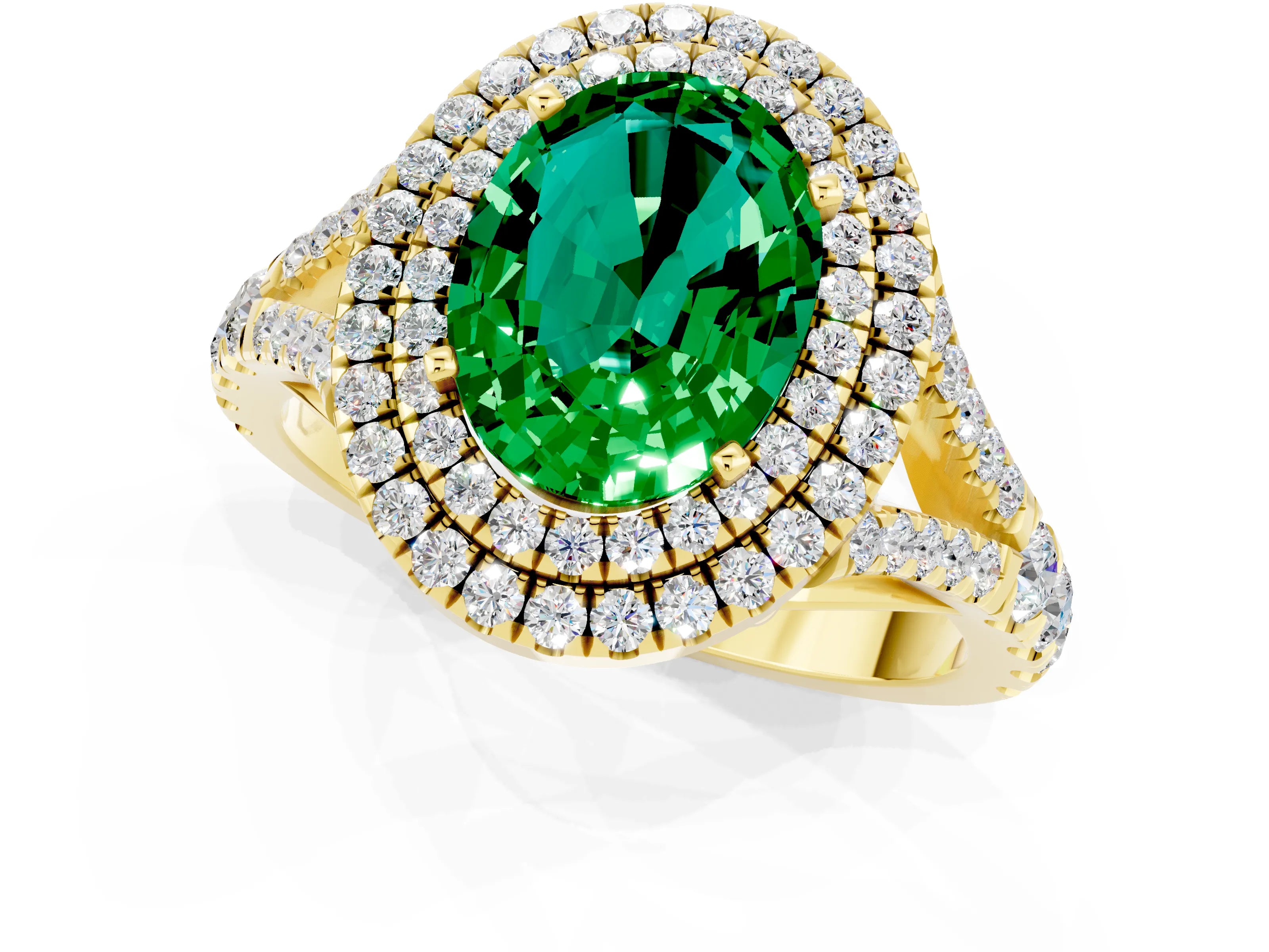 Yellow gold Double Halo Oval Cut Emerald Pavé Split Shank Ring with Prong Setting_1