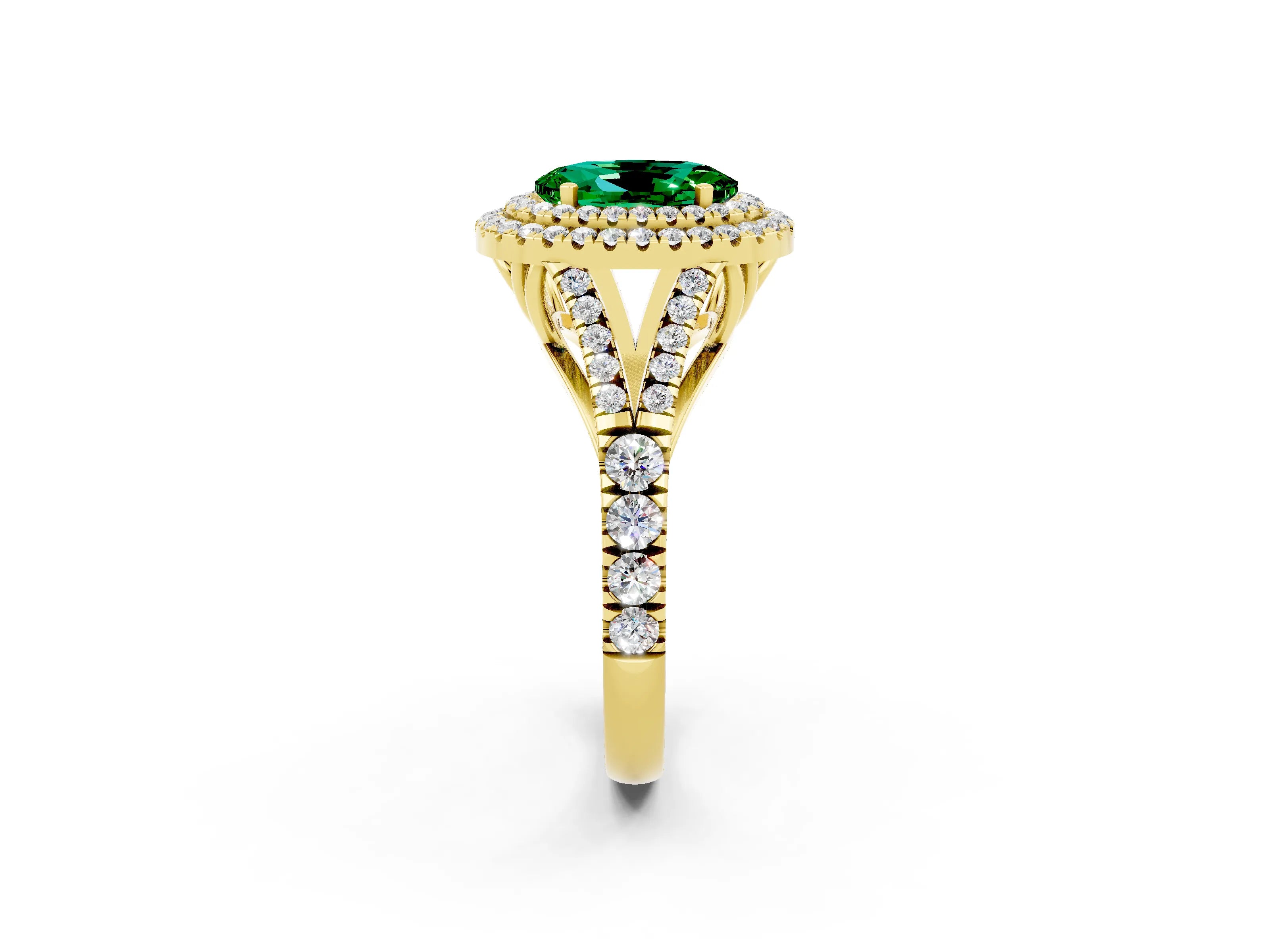Yellow gold Double Halo Oval Cut Emerald Pavé Split Shank Ring with Prong Setting_2