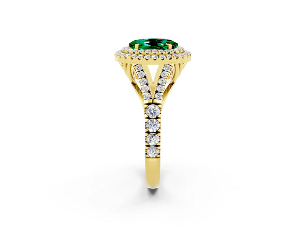 Yellow gold Double Halo Oval Cut Emerald Pavé Split Shank Ring with Prong Setting
