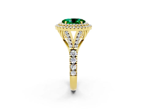Yellow gold Double Halo Oval Cut Emerald Pavé Split Shank Ring with Prong Setting_2