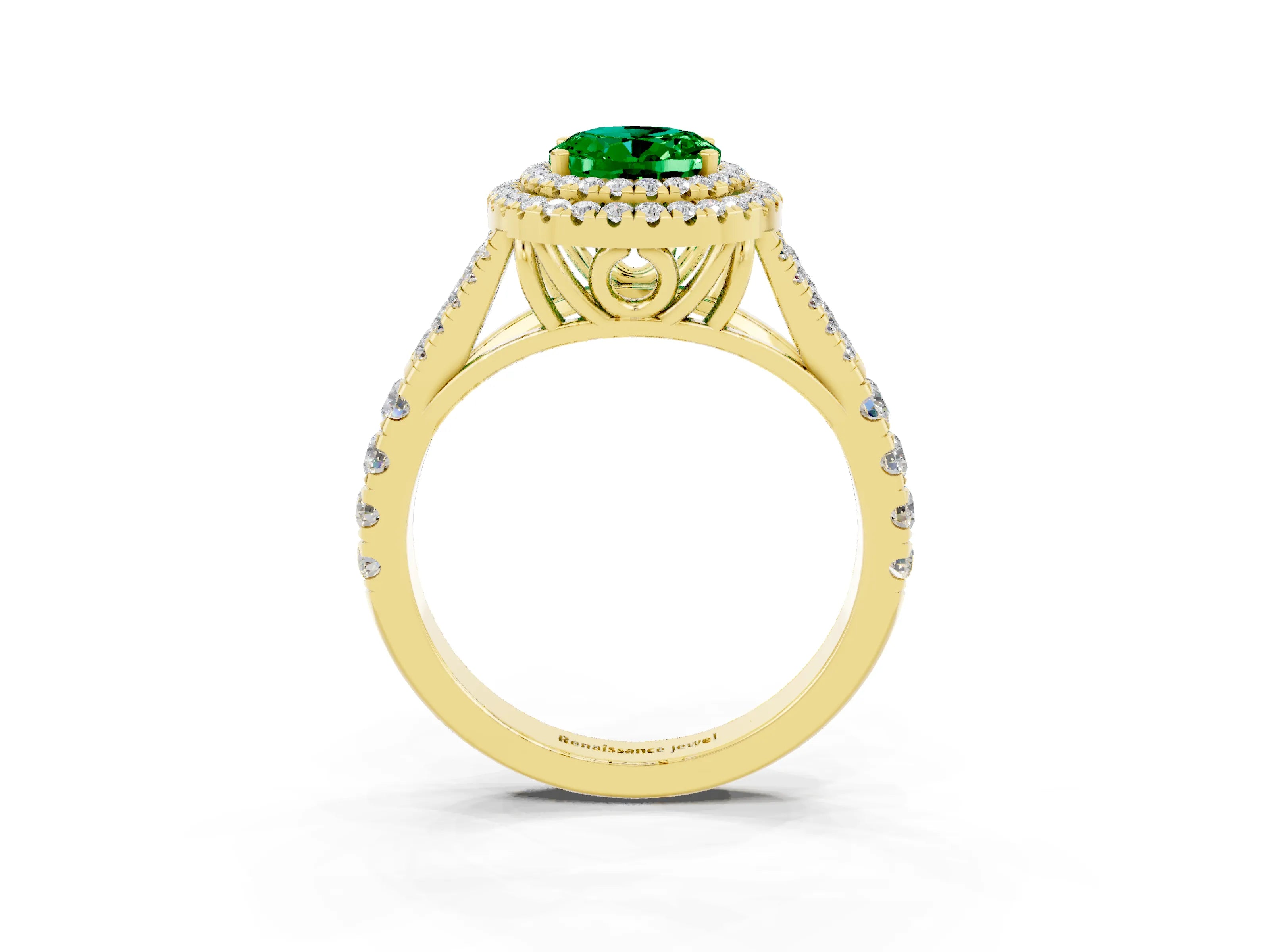 Yellow gold Double Halo Oval Cut Emerald Pavé Split Shank Ring with Prong Setting_3