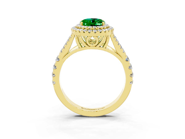 Yellow gold Double Halo Oval Cut Emerald Pavé Split Shank Ring with Prong Setting