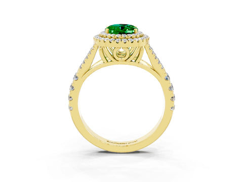 Yellow gold Double Halo Oval Cut Emerald Pavé Split Shank Ring with Prong Setting_3