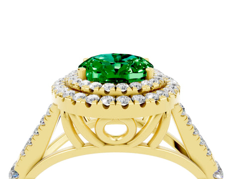 Yellow gold Double Halo Oval Cut Emerald Pavé Split Shank Ring with Prong Setting_4