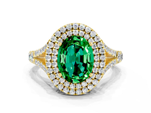 Yellow gold Double Halo Oval Cut Emerald Pavé Split Shank Ring with Prong Setting