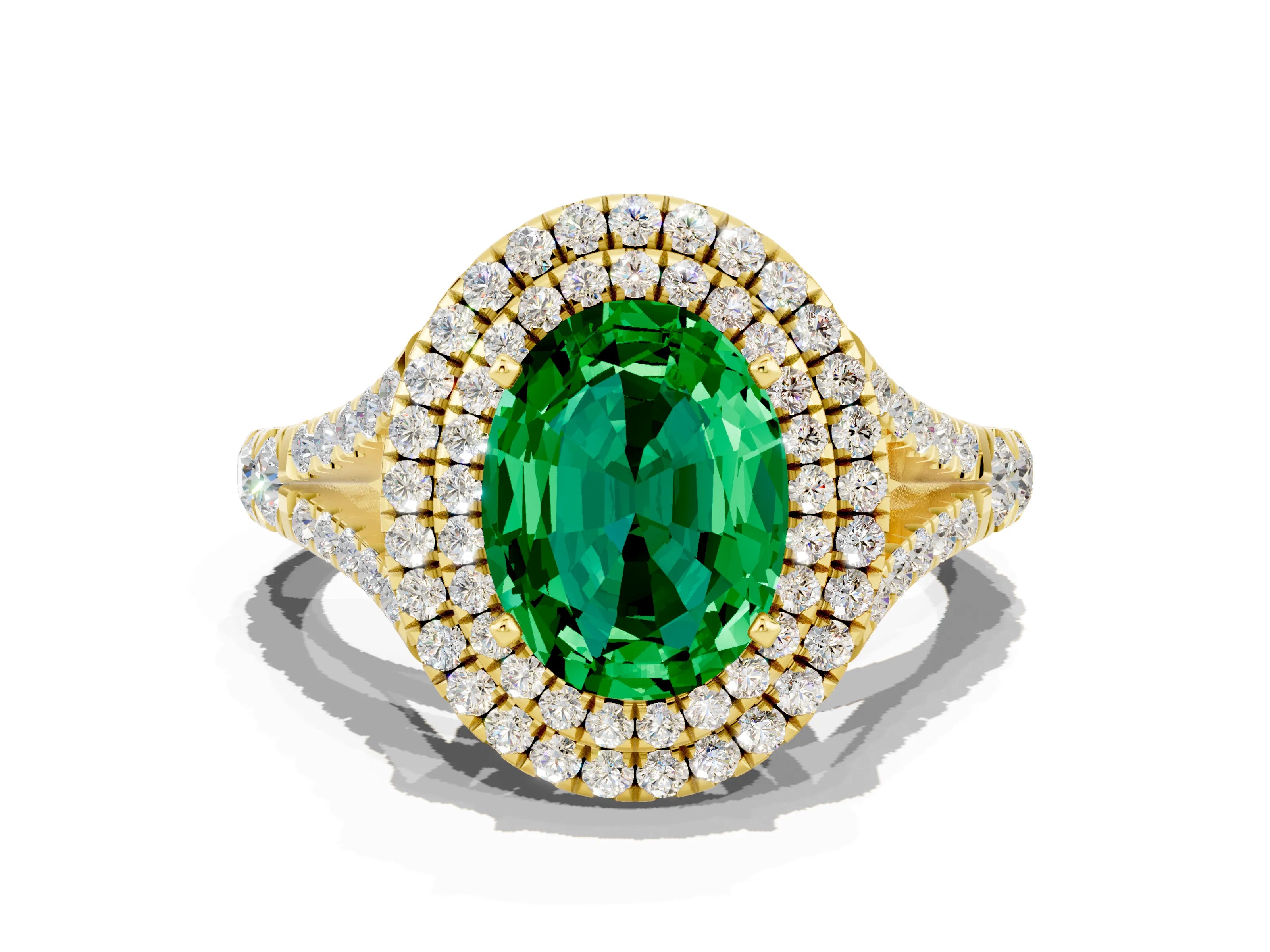 Yellow gold Double Halo Oval Cut Emerald Split Shank Engagement Ring with Four-Prong Setting