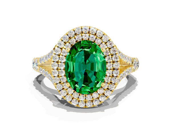 Yellow gold Double Halo Oval Cut Emerald Split Shank Engagement Ring with Four-Prong Setting