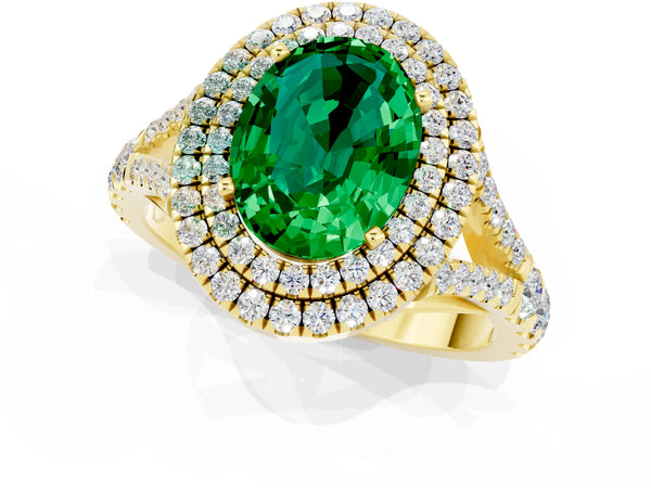 Yellow gold Double Halo Oval Cut Emerald Split Shank Engagement Ring with Four-Prong Setting