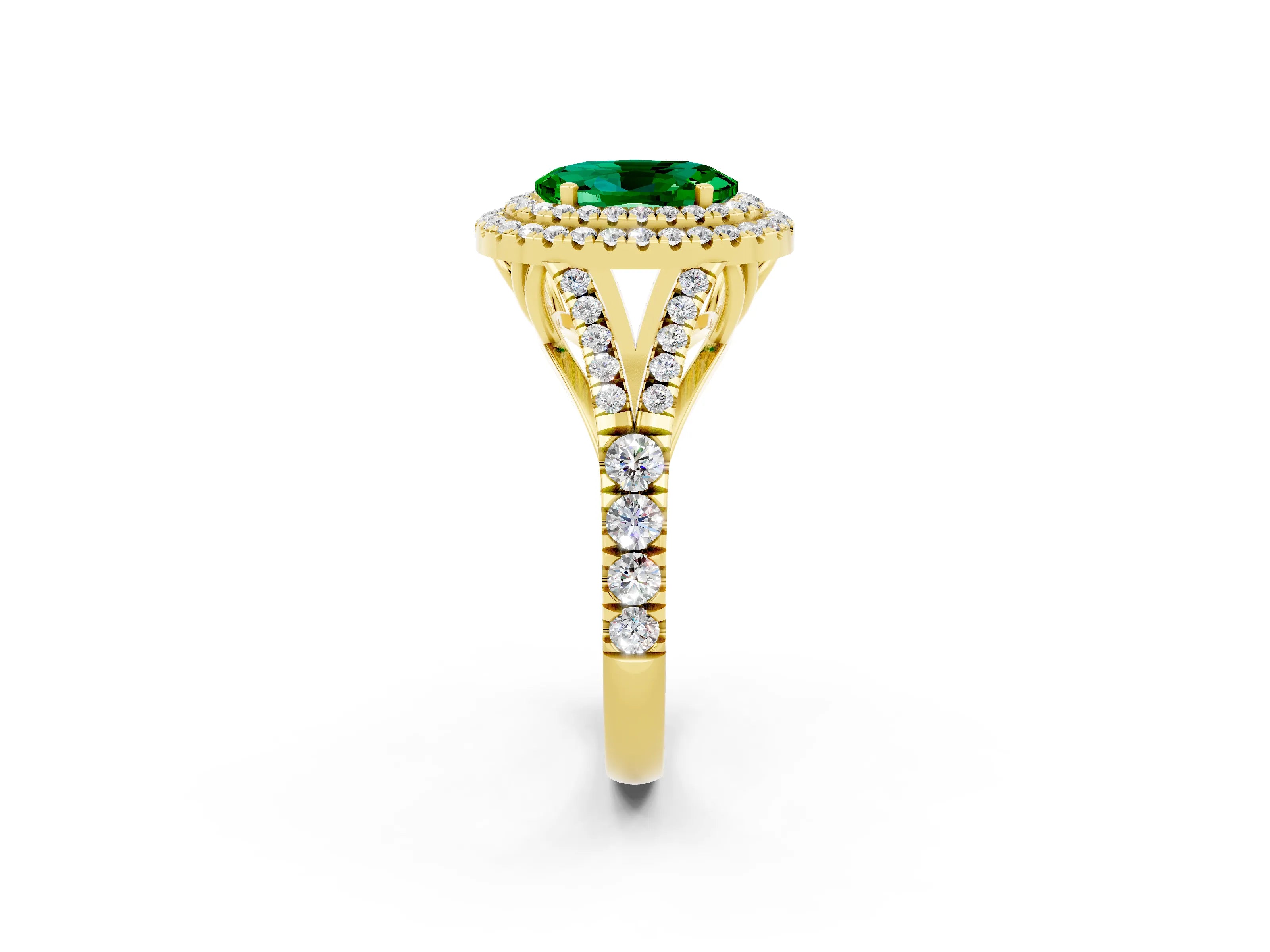 Yellow gold Double Halo Oval Cut Emerald Split Shank Engagement Ring with Four-Prong Setting_2