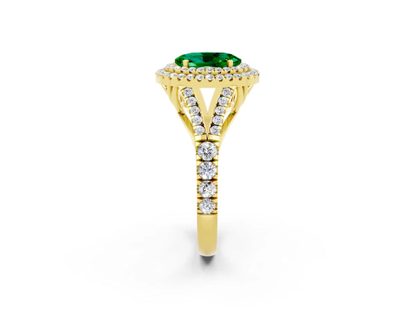 Yellow gold Double Halo Oval Cut Emerald Split Shank Engagement Ring with Four-Prong Setting