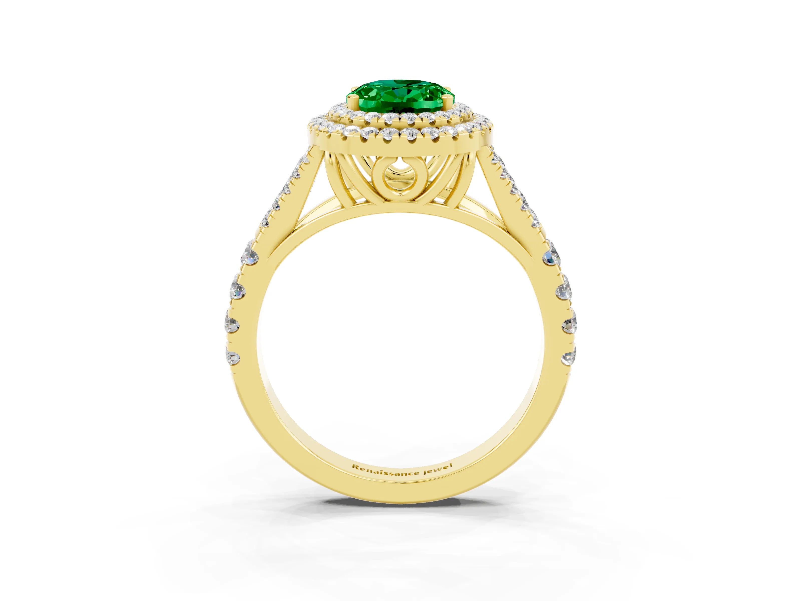 Yellow gold Double Halo Oval Cut Emerald Split Shank Engagement Ring with Four-Prong Setting_3
