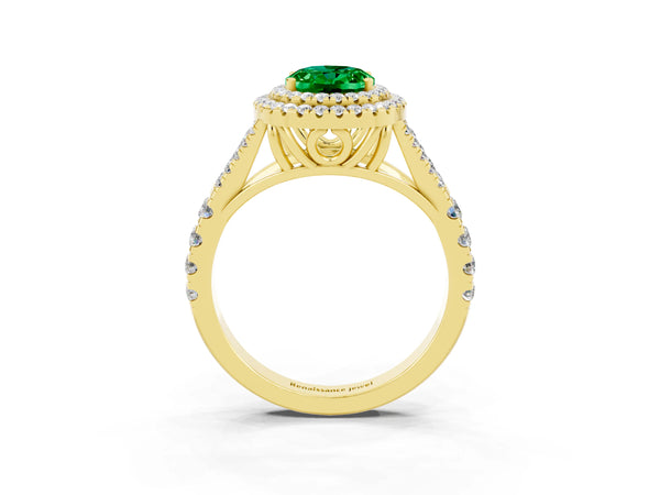 Yellow gold Double Halo Oval Cut Emerald Split Shank Engagement Ring with Four-Prong Setting