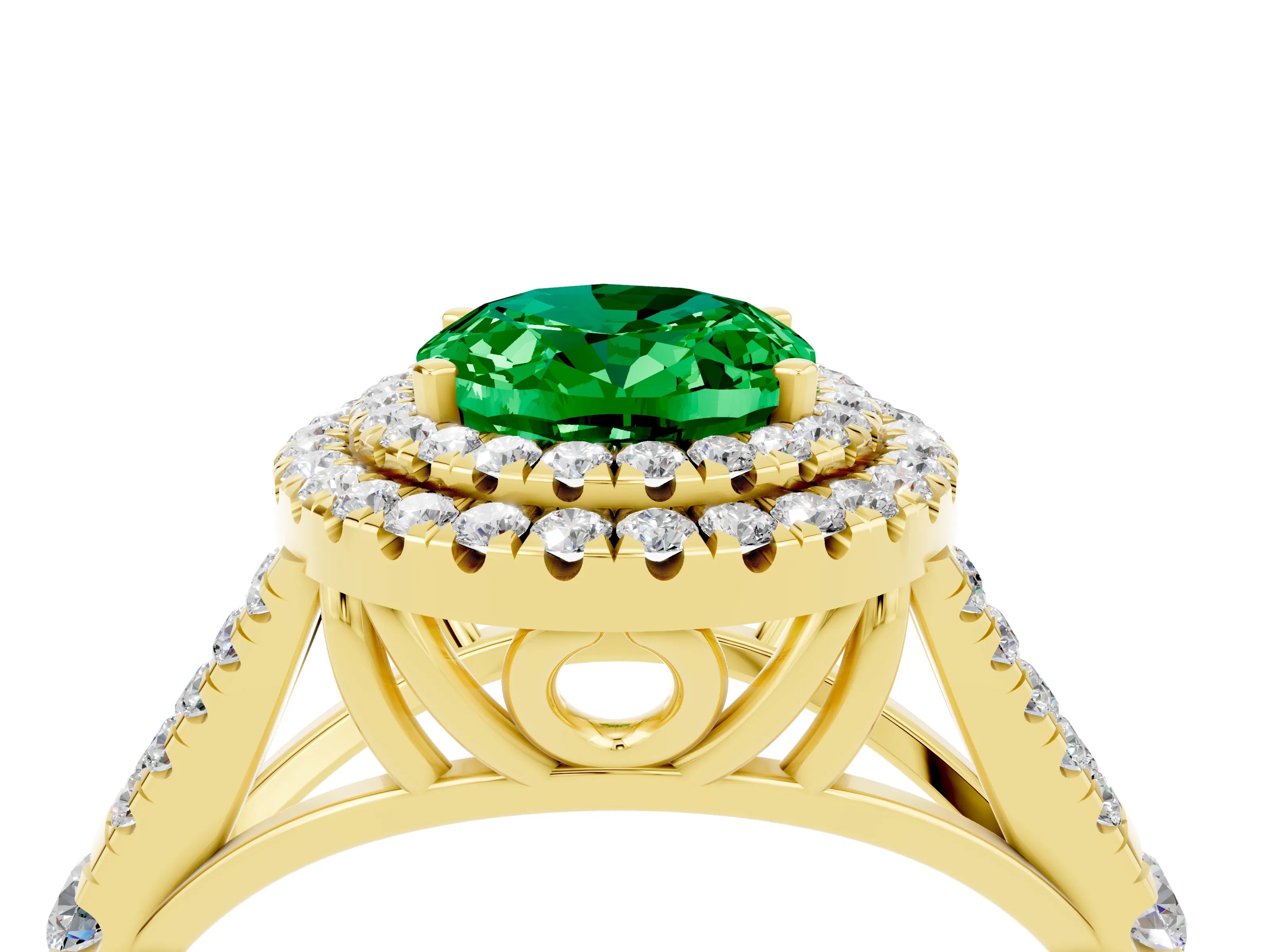Yellow gold Double Halo Oval Cut Emerald Split Shank Engagement Ring with Four-Prong Setting_4