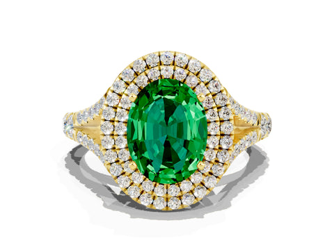 Yellow gold Double Halo Oval Cut Emerald Split Shank Engagement Ring with Four-Prong Setting