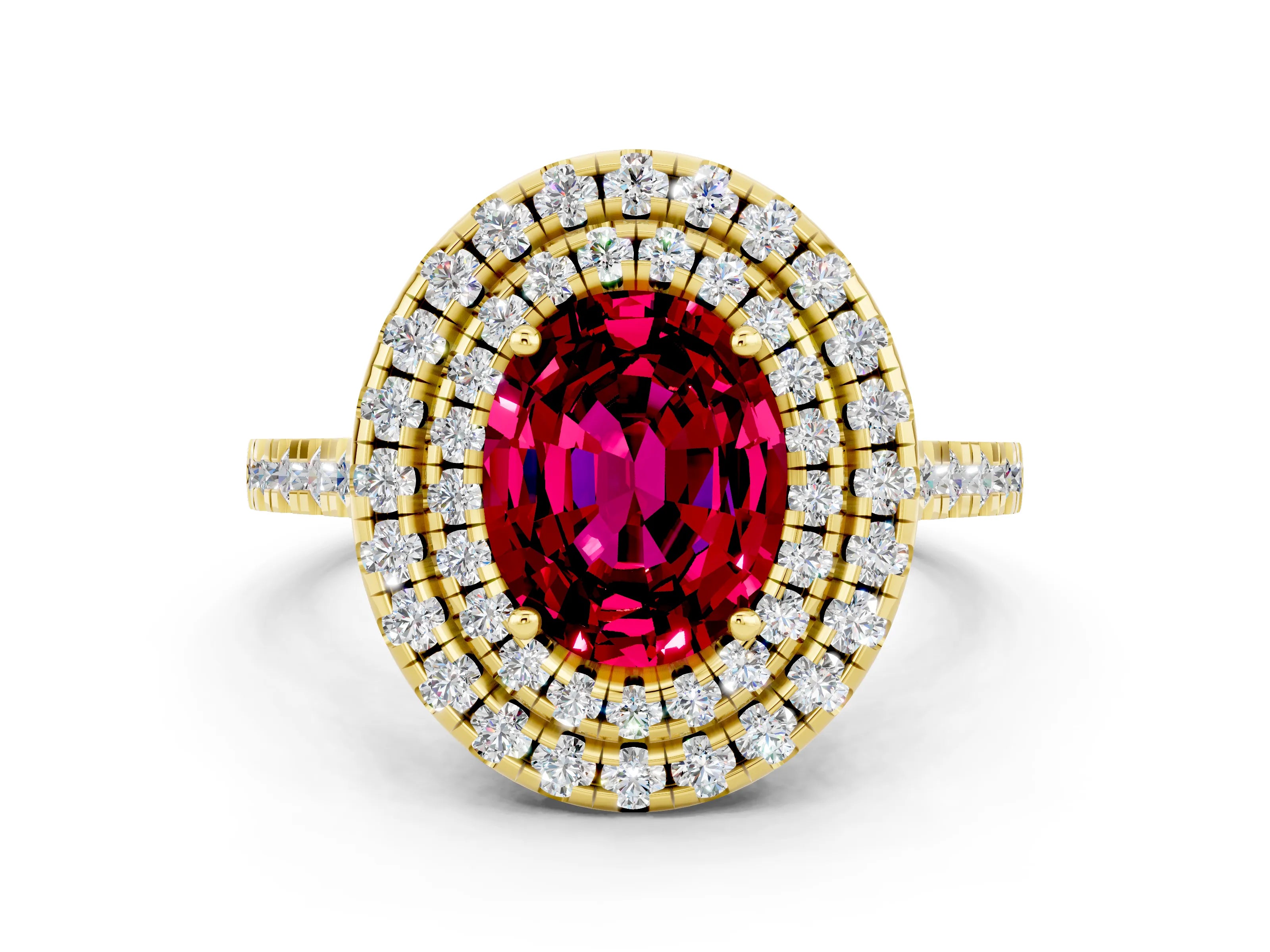 Yellow gold Double Halo Oval Cut Garnet Pavé Band with Four-Prong Setting