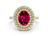 Yellow gold Double Halo Oval Cut Garnet Pavé Band with Four-Prong Setting