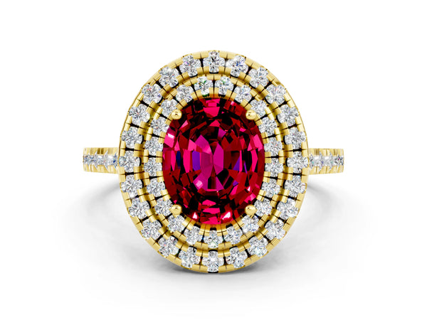 Yellow gold Double Halo Oval Cut Garnet Pavé Band with Four-Prong Setting