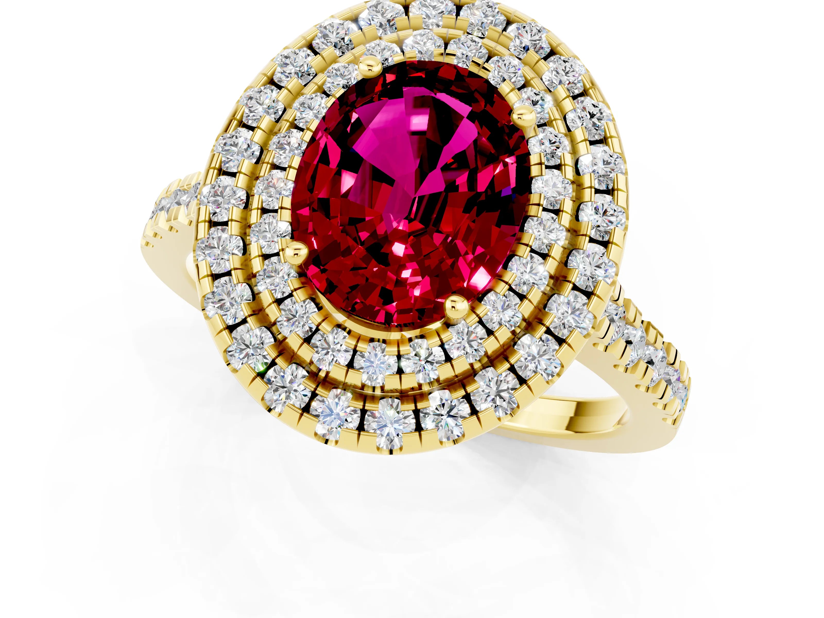 Yellow gold Double Halo Oval Cut Garnet Pavé Band with Four-Prong Setting_1