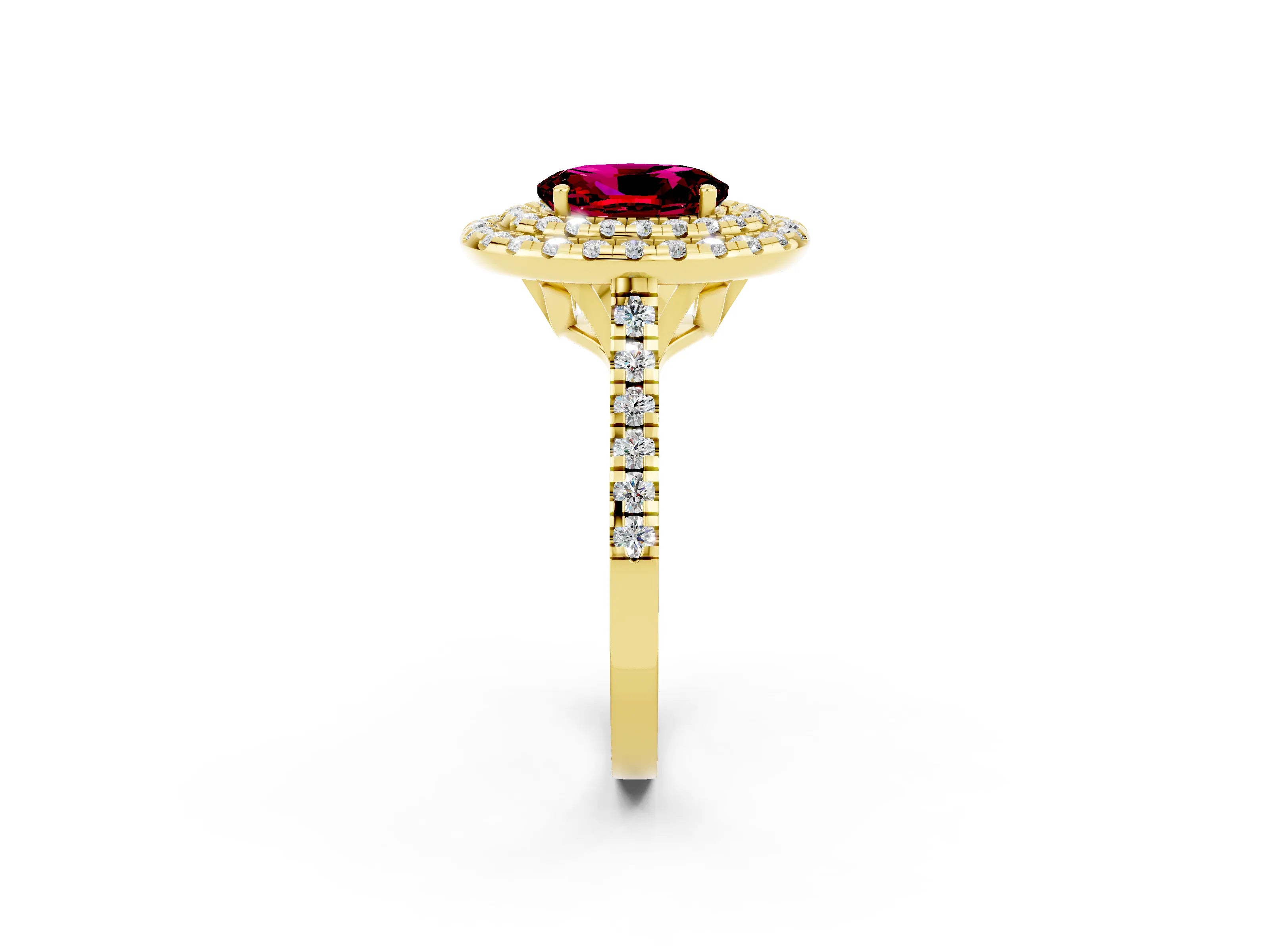 Yellow gold Double Halo Oval Cut Garnet Pavé Band with Four-Prong Setting_2