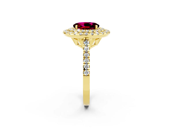 Yellow gold Double Halo Oval Cut Garnet Pavé Band with Four-Prong Setting