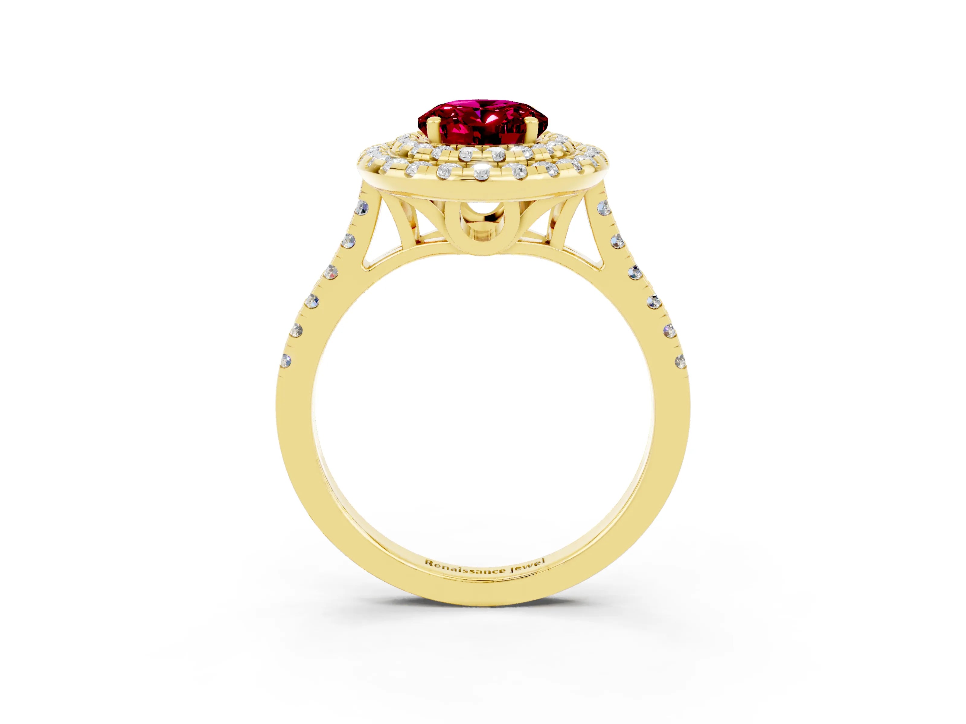 Yellow gold Double Halo Oval Cut Garnet Pavé Band with Four-Prong Setting_3