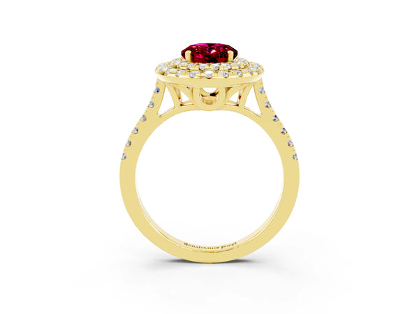 Yellow gold Double Halo Oval Cut Garnet Pavé Band with Four-Prong Setting