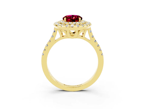 Yellow gold Double Halo Oval Cut Garnet Pavé Band with Four-Prong Setting_3