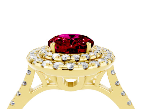 Yellow gold Double Halo Oval Cut Garnet Pavé Band with Four-Prong Setting_4