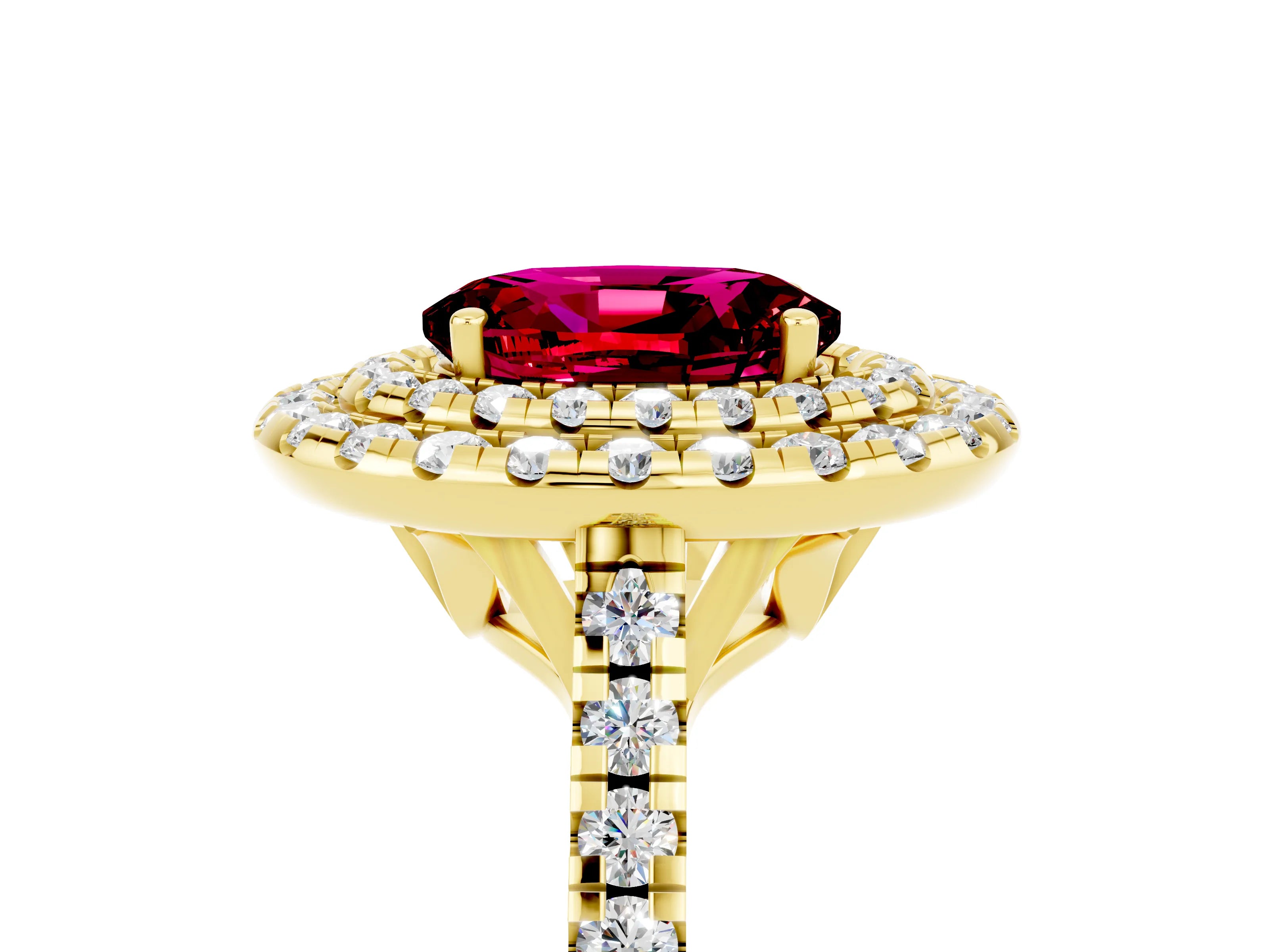 Yellow gold Double Halo Oval Cut Garnet Pavé Band with Four-Prong Setting_5