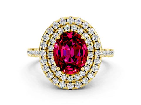 Yellow gold Double Halo Oval Cut Garnet Pavé Band with Four-Prong Setting