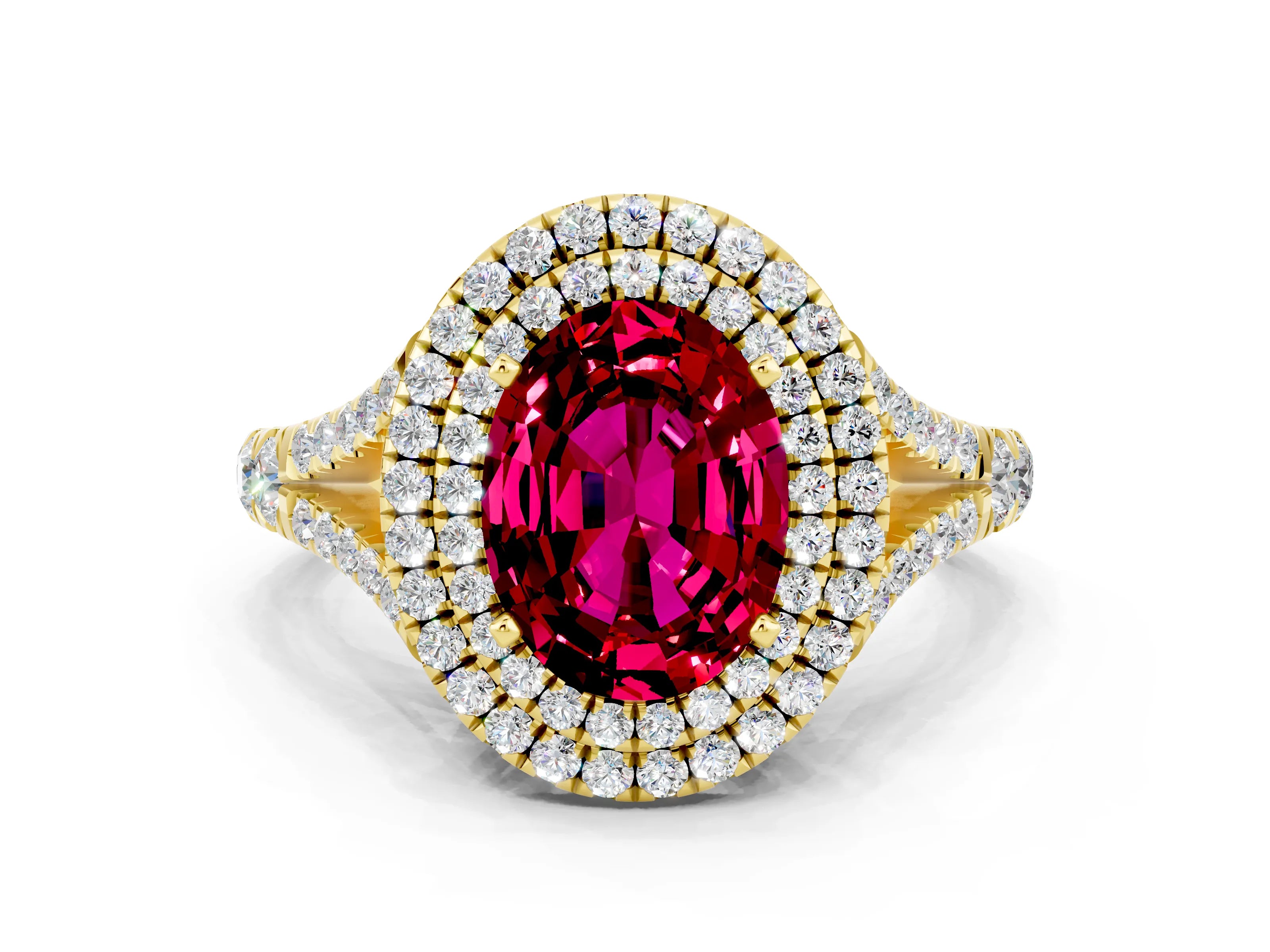 Yellow gold Double Halo Oval Cut Garnet Pavé Split Shank Ring with Prong Setting