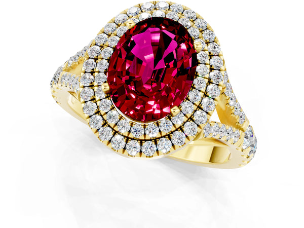 Yellow gold Double Halo Oval Cut Garnet Pavé Split Shank Ring with Prong Setting