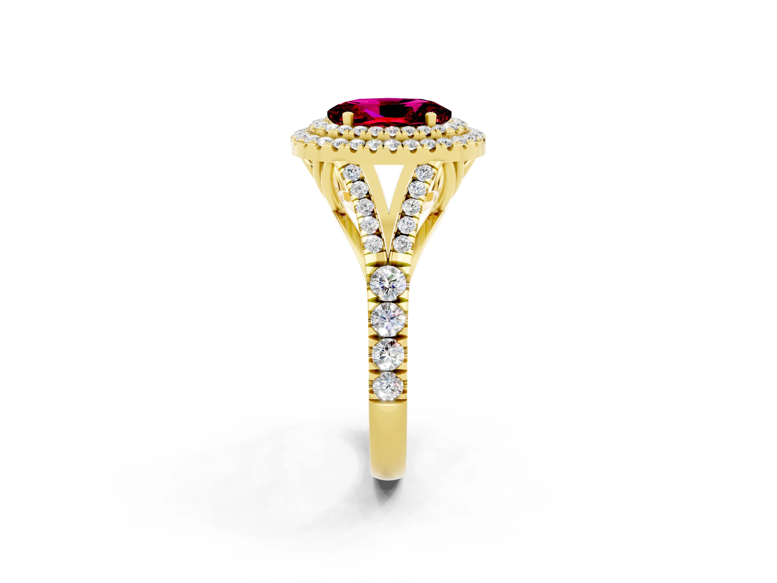 Yellow gold Double Halo Oval Cut Garnet Pavé Split Shank Ring with Prong Setting_2