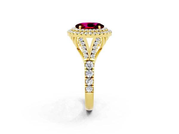 Yellow gold Double Halo Oval Cut Garnet Pavé Split Shank Ring with Prong Setting